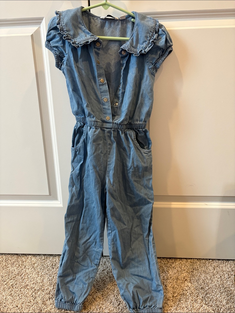 Janie and Jack Light Blue Denim Romper with Ruffle Collar